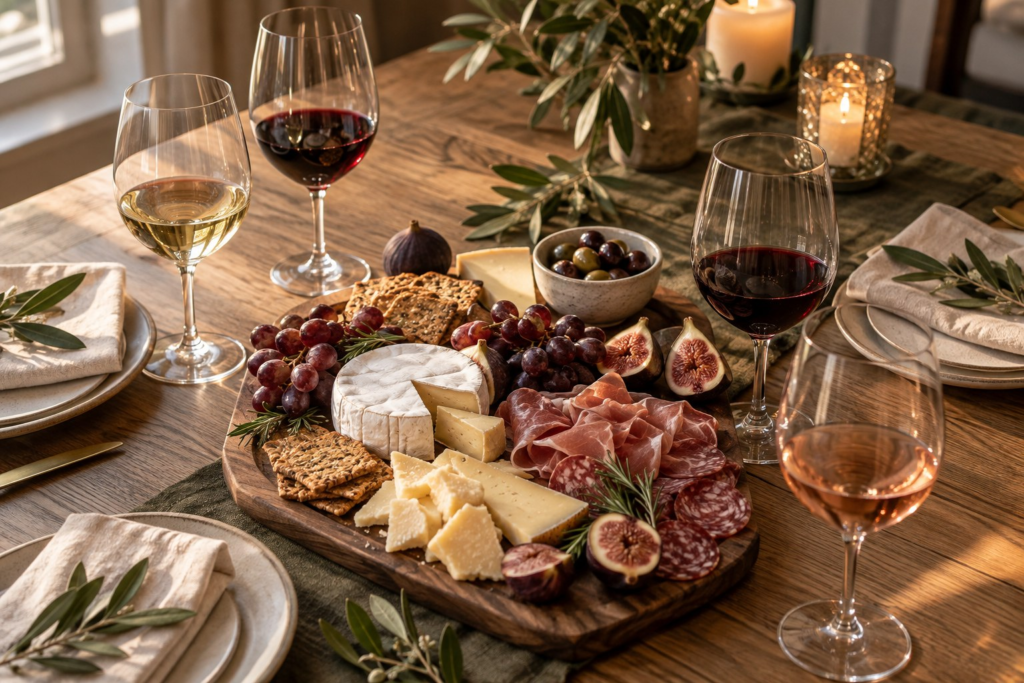 Charcuterie board with cheese, fruit, and wine tasting glasses