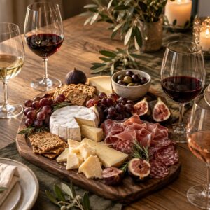 Charcuterie board with cheese, fruit, and wine tasting glasses