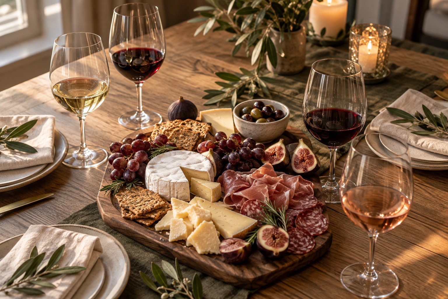 Charcuterie board with cheese, fruit, and unbranded wine tasting glasses